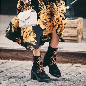 Lace up suede boots, tan laces, I typically wear size 8 but it ran a bit small.